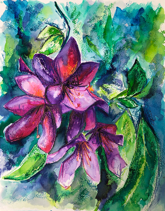 Vibrant, textured original painting of pinky purple rhodedendron flowers with a green and blue inky background featuring lush green leaves.