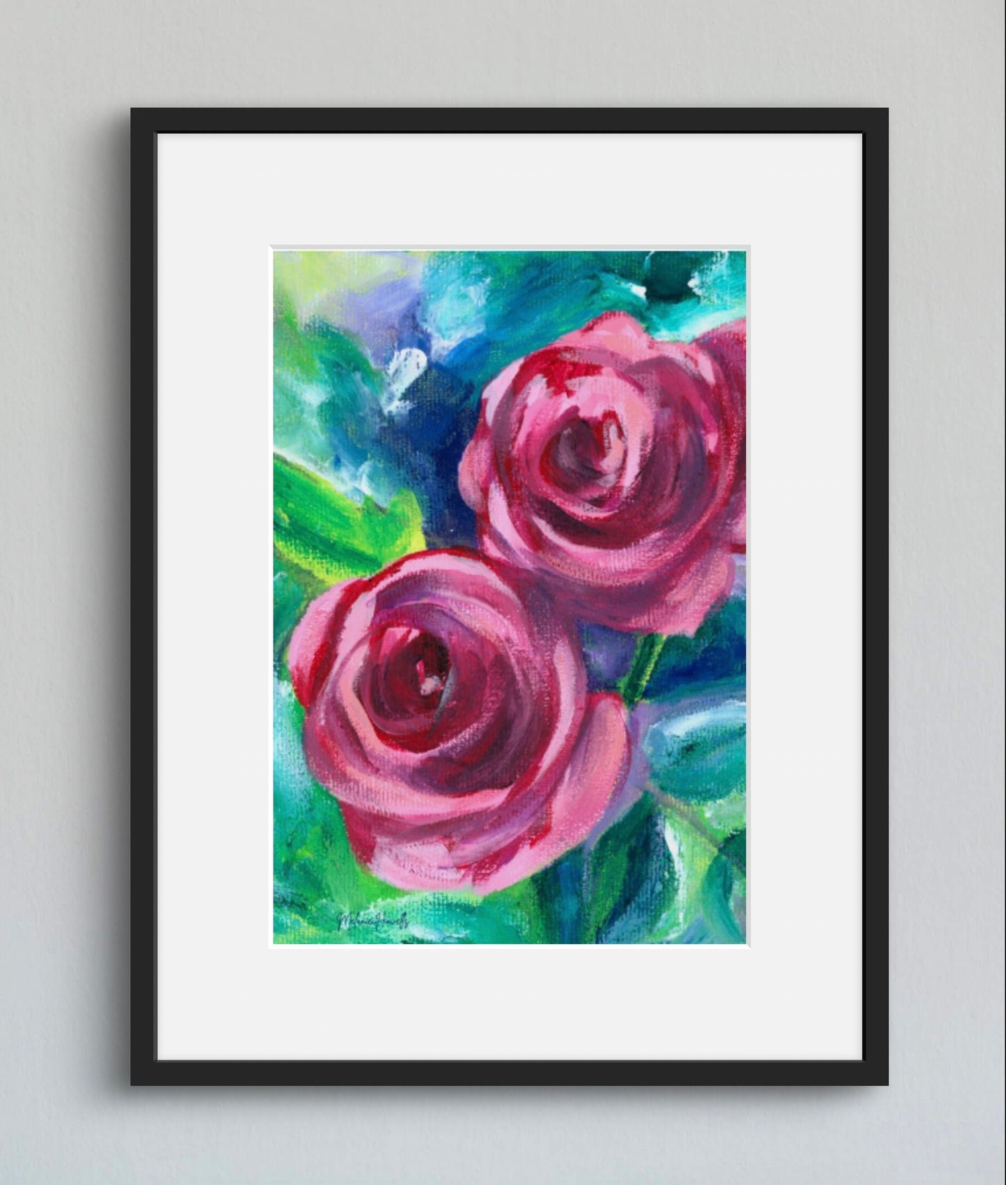 Rose Duo art print of floral painting framed with a white mount and slim black frame against a pale grey wall.