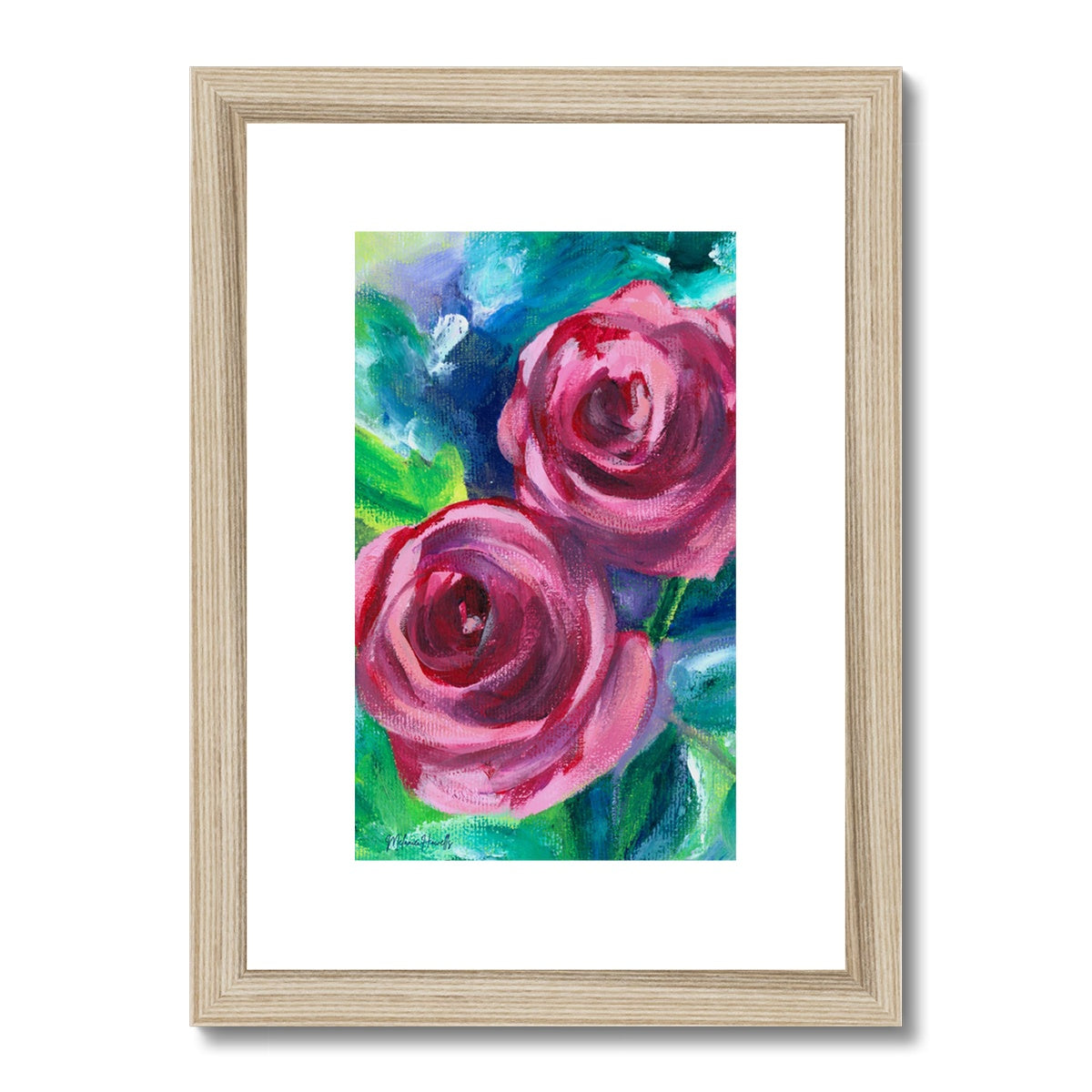 Rose Duo floral art print of an original acrylic painting framed in a natural wooden frame with a white mount