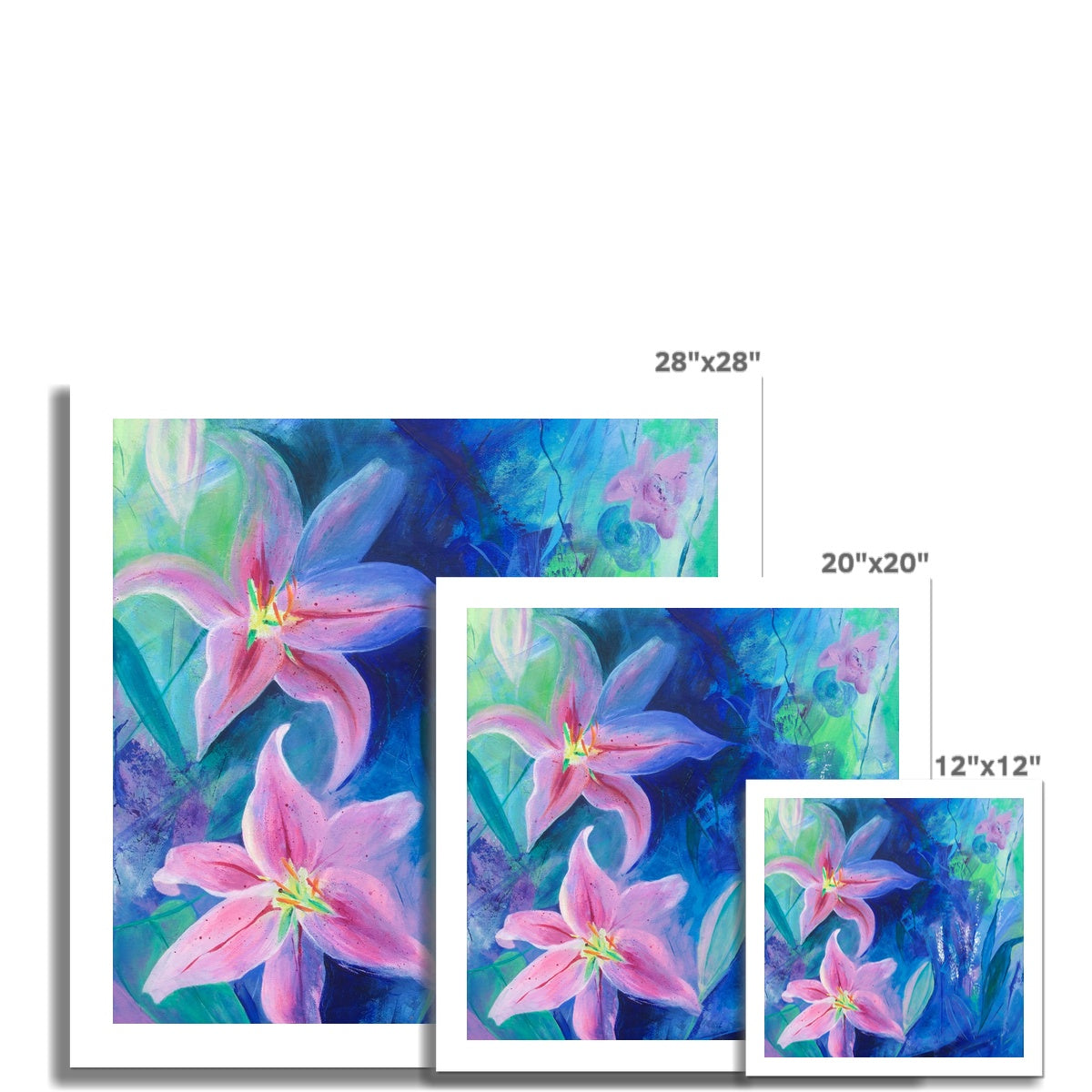 Square Lilies in Bloom floral fine art giclee print shown in different sizes