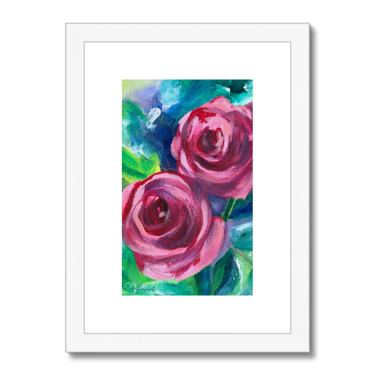 Rose Duo floral art print of an original acrylic painting framed in a white wooden frame with a white mount