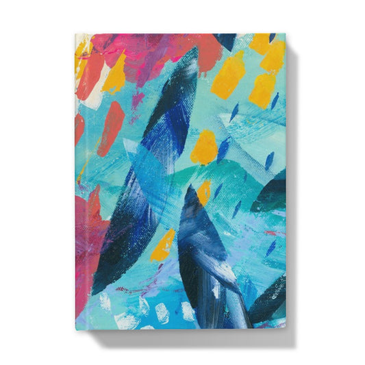 Front cover of colourful hardback journal featuring art print from an abstract painting.