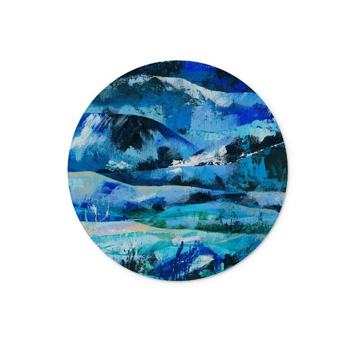 Round glass chopping board featuring a blue original art print.