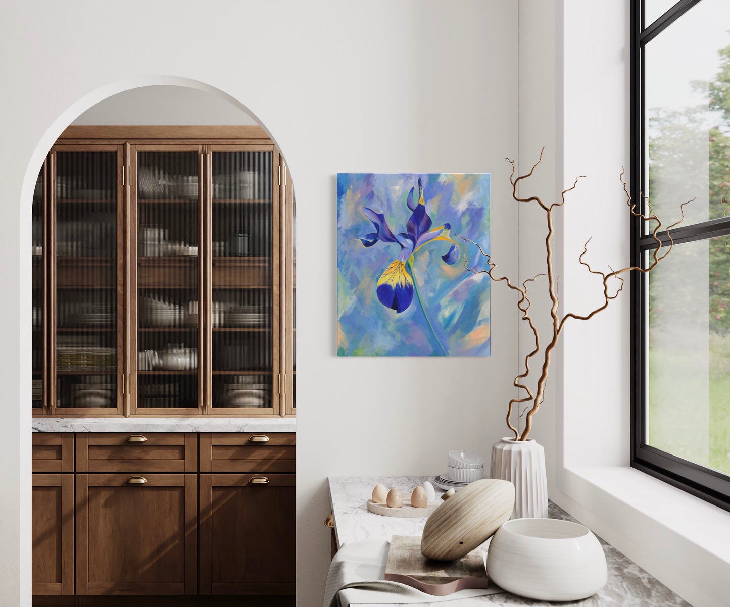 Blue Iris original floral acrylic painting measuring 50x60cm displayed on a wall in a kitchen