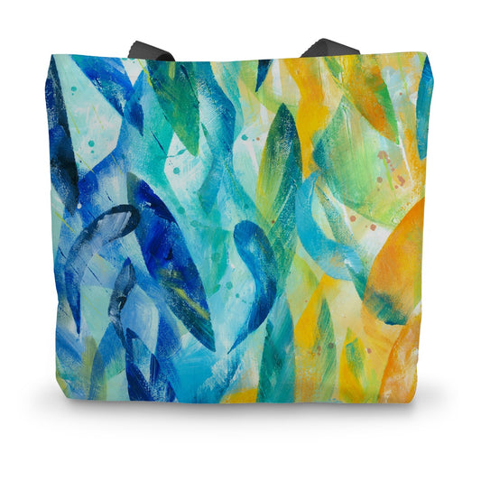 Colourful canvas tote bag featuring an art print taken from the painting Synergy by artist Melanie Howells