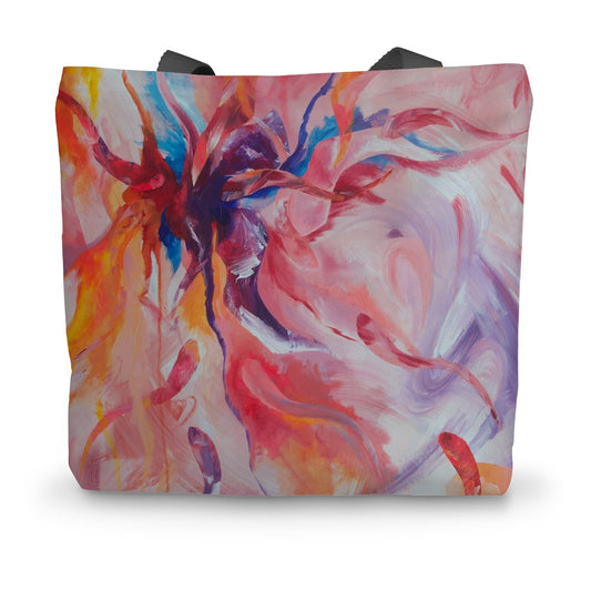 Colourful, pink canvas tote bag featuring an abstract art print of Sargasso by artist Melanie Howells
