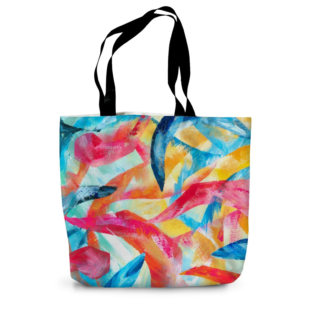 Colourful canvas tote bag with black handles featuring an art print taken from the painting Adventure by artist Melanie Howells