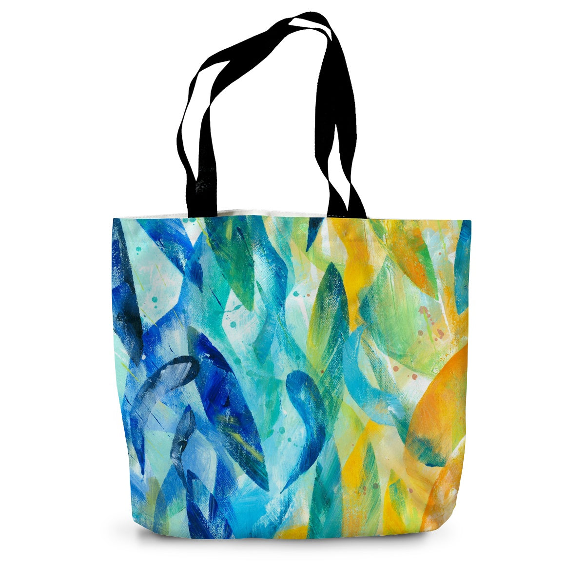 Colourful canvas tote bag with black handles featuring an art print taken from the painting Synergy by artist Melanie Howells