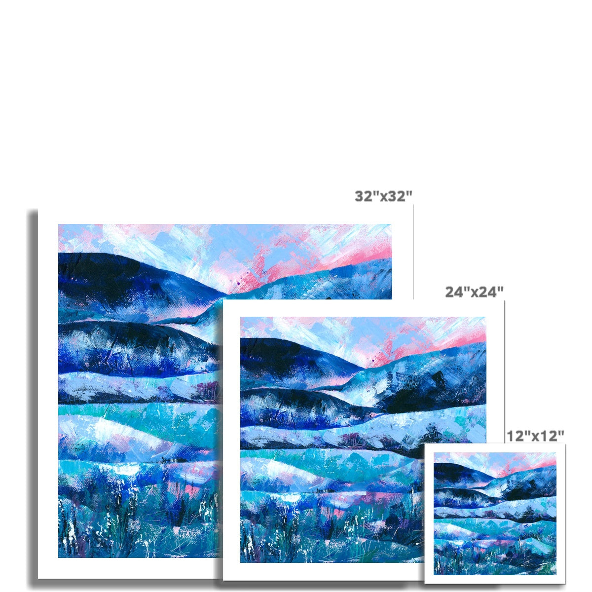 Tranquility square art print shown in different sizes, to scale with one another.
