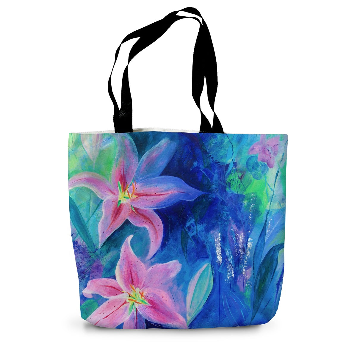 Blue and pink canvas tote bag with black handles featuring a floral art print of Lilies in Bloom by artist Melanie Howells