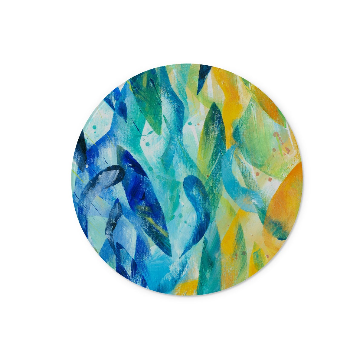 Round glass chopping board featuring a blue, turquoise, yellow and orange original art design.