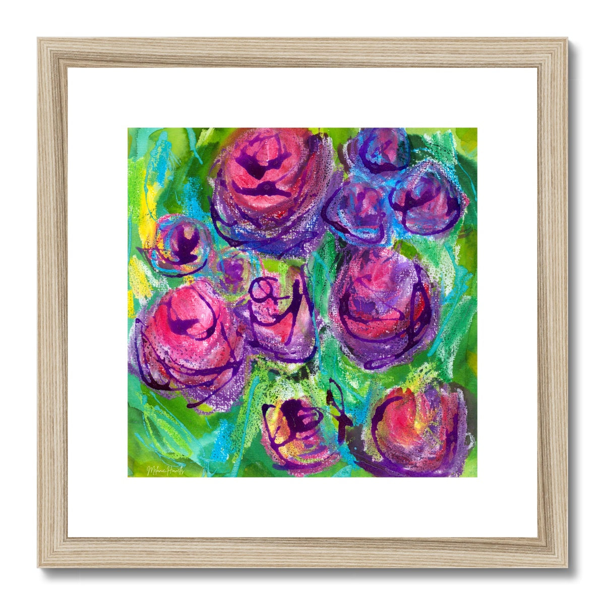 Rose Garden colourful floral giclee print shown framed with a white mount in a natural wooden frame.