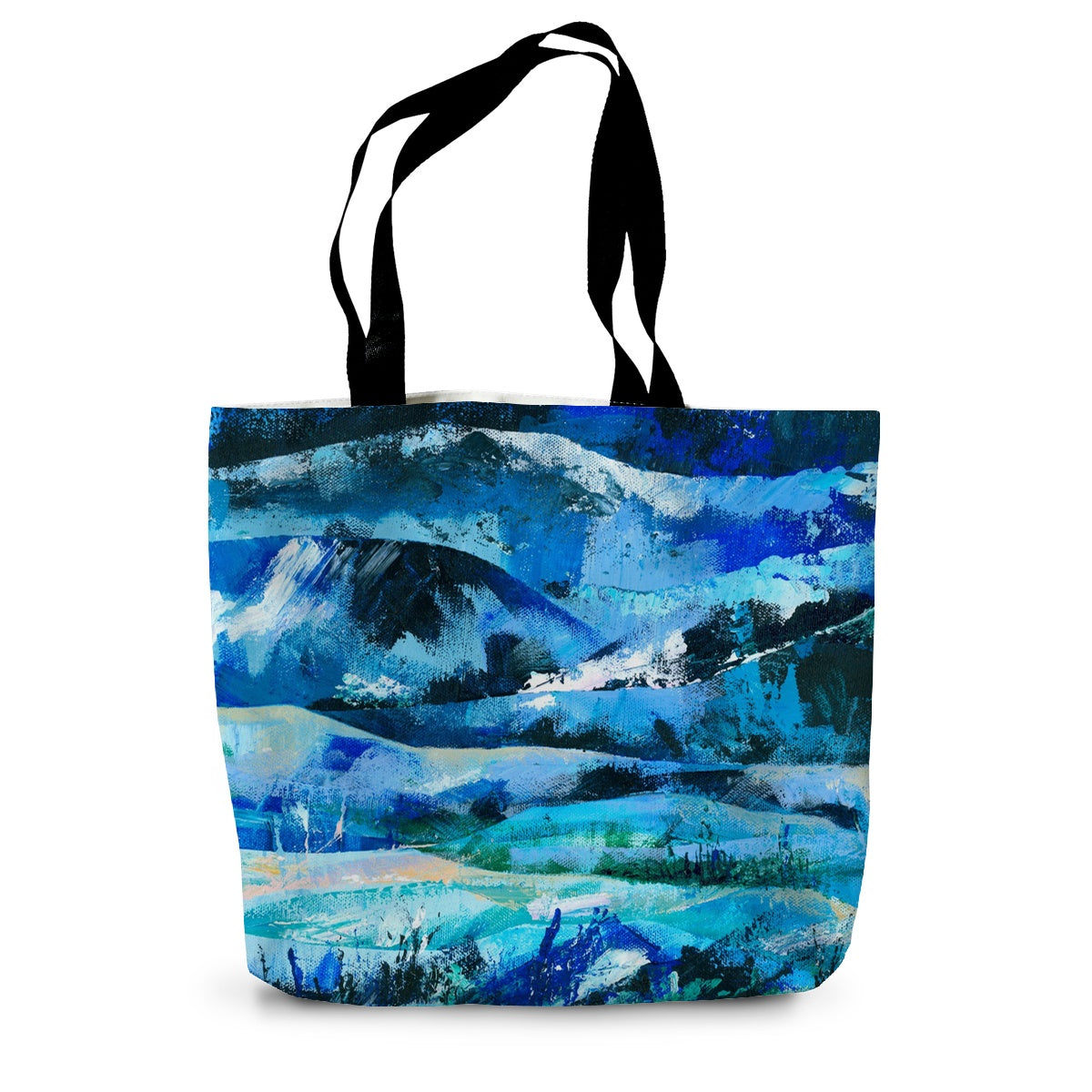 Canvas tote bag with black handles featuring an art print taken from the painting Into the Blue