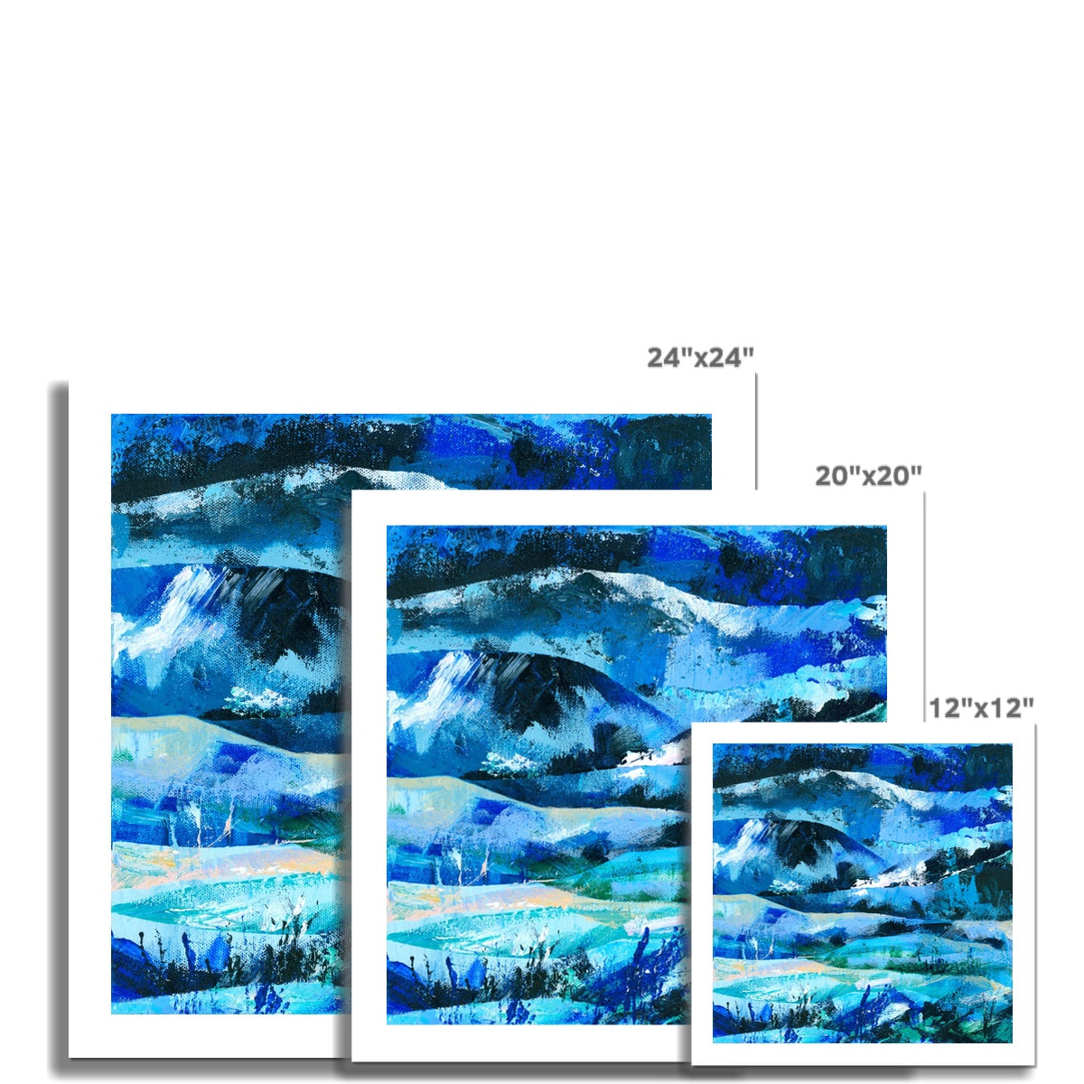 'Into the Blue' fine art print shown in different sizes, to scale with one another.