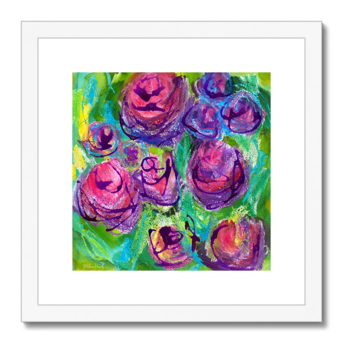 Rose Garden colourful floral giclee print shown framed with a white mount in a white wooden frame.