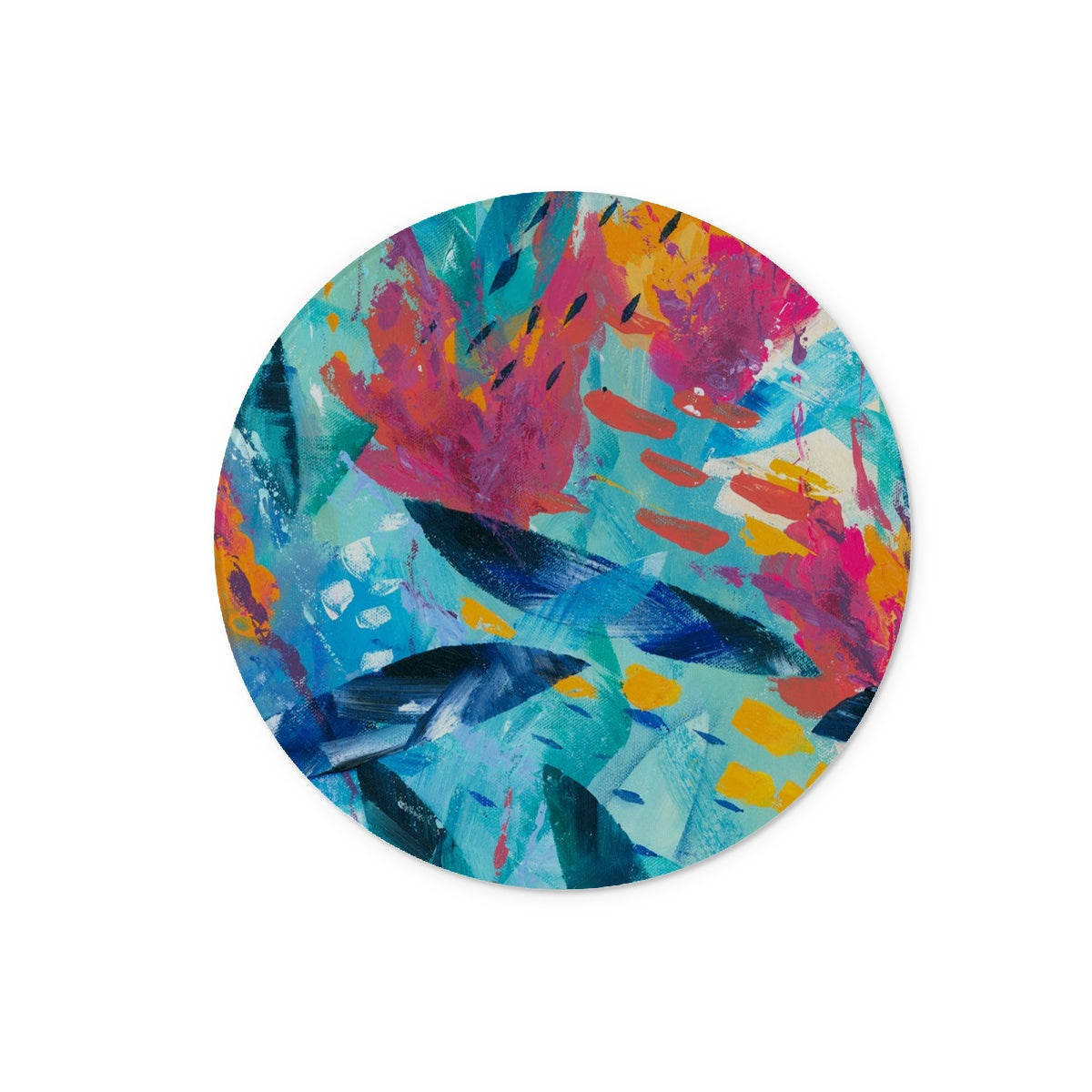 Round glass bread board featuring the colourful Tropical Seas original art print.