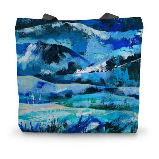 Canvas tote bag in shades of blue featuring an art print taken from the painting Into the Blue