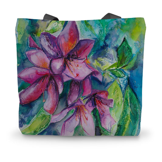Colourful canvas tote bag featuring a floral art print taken from the painting Rhododendron by artist Melanie Howells