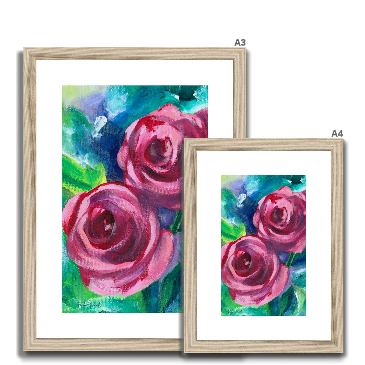 Rose Duo floral art print shown in a natural frame in a choice of 2 sizes, A4 and A3