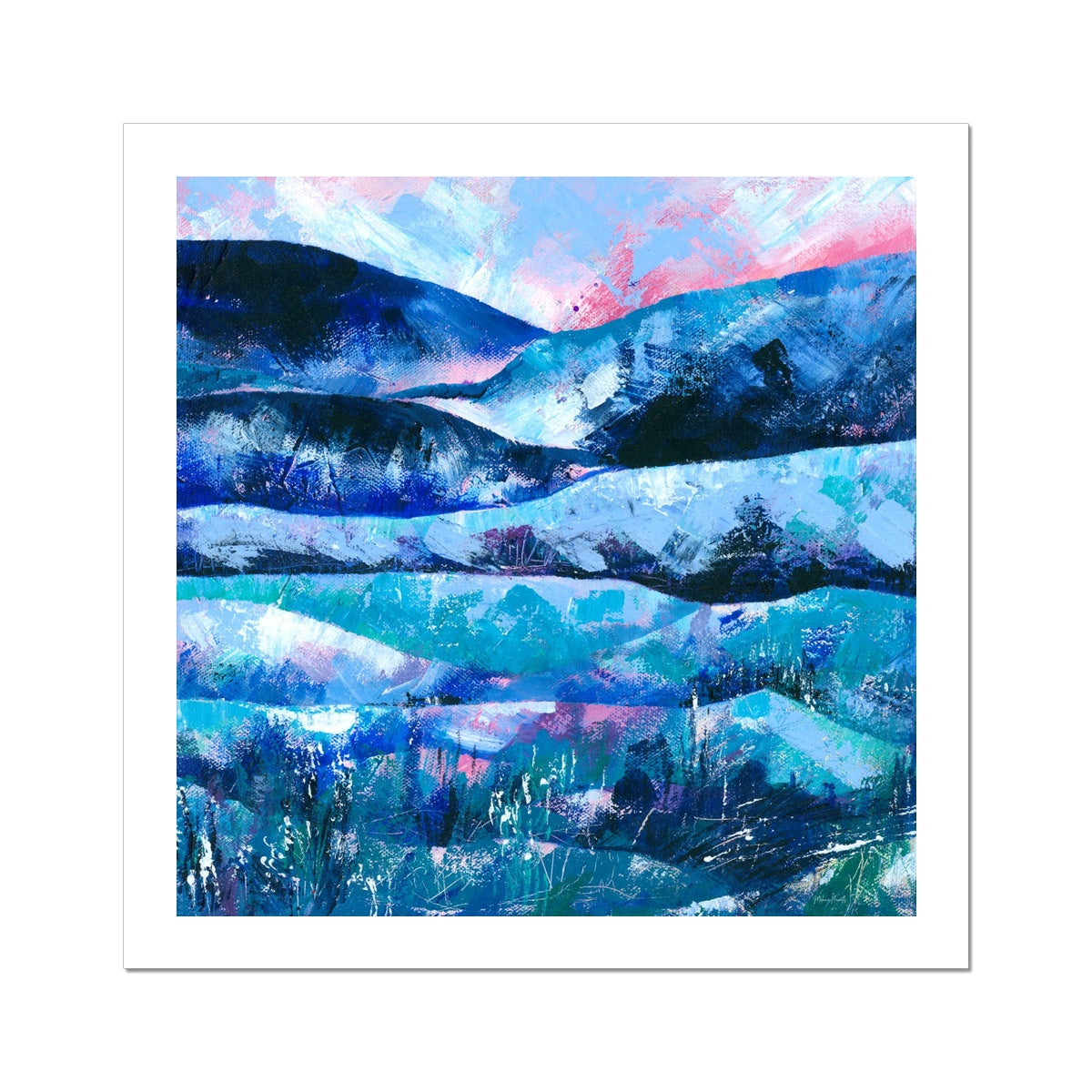 Tranquility abstract landscape painting art print shown with a white border around it.