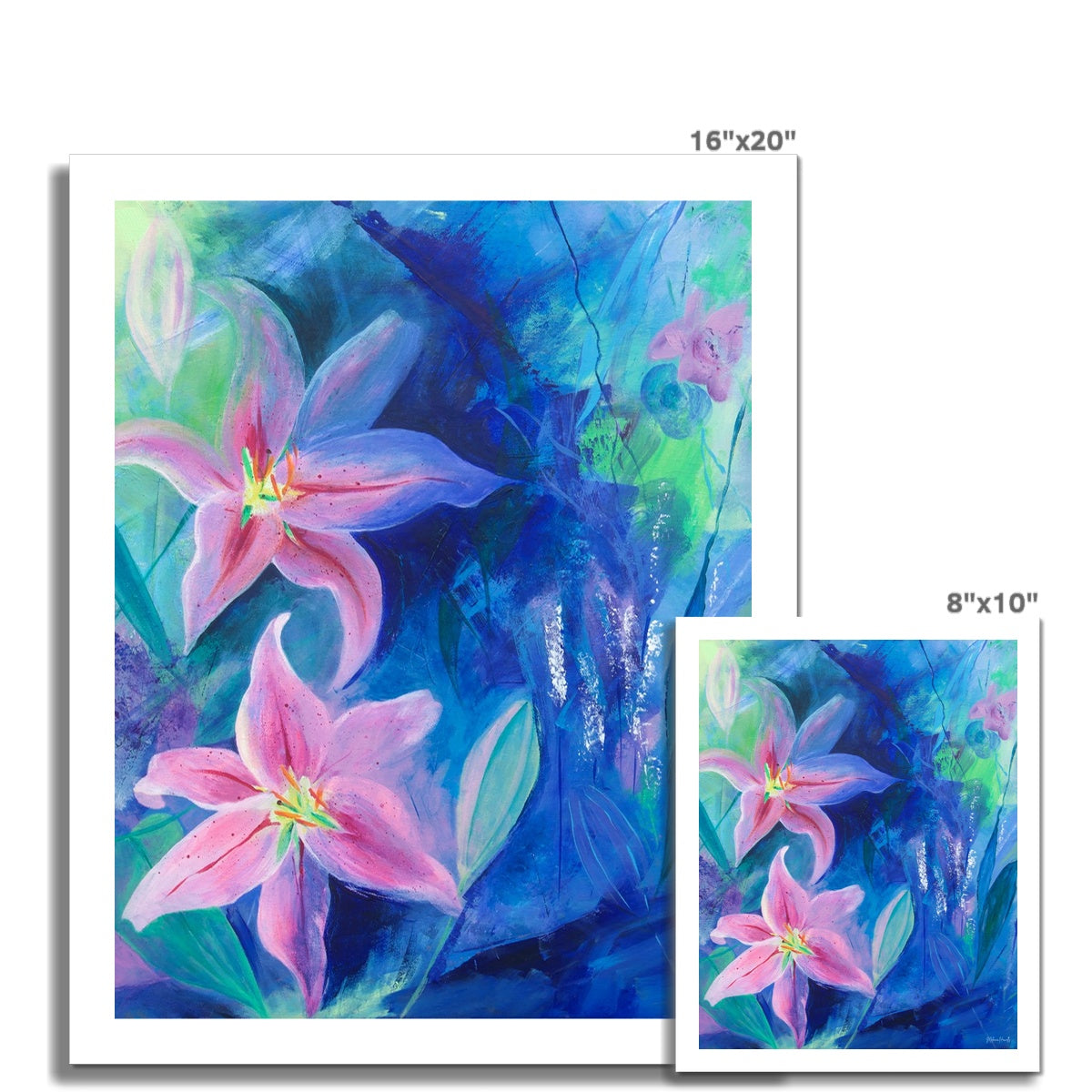 Rectangular Lilies in Bloom floral fine art giclee print shown in different sizes