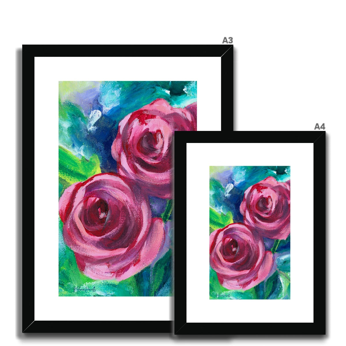 Rose Duo floral art print shown in a black frame in a choice of 2 sizes, A4 and A3