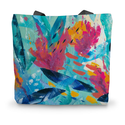Colourful canvas tote bag featuring an art print taken from the painting Tropical Seas by artist Melanie Howells