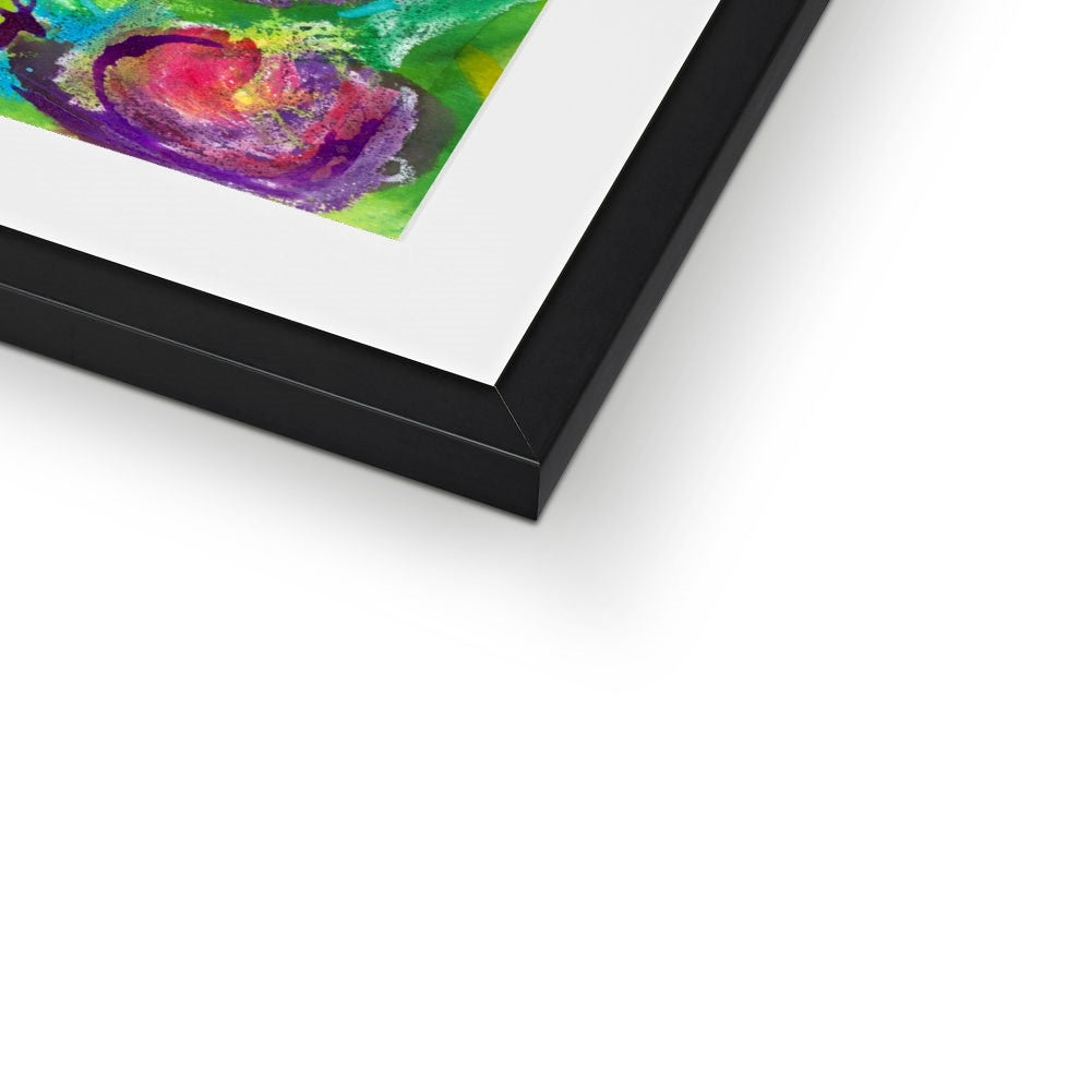 Rose Garden fine art floral print shown framed with a black wooden frame.