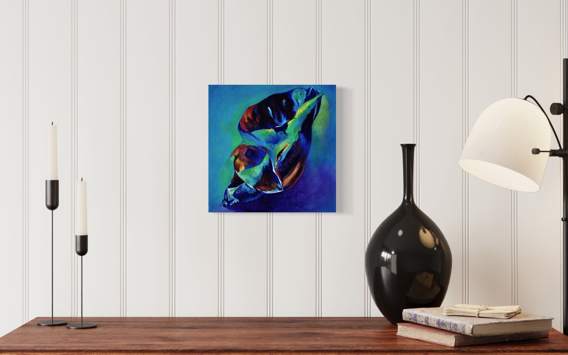 Can You Hear the Ocean? acryl;ic painting of a sea shell displayed on a wall