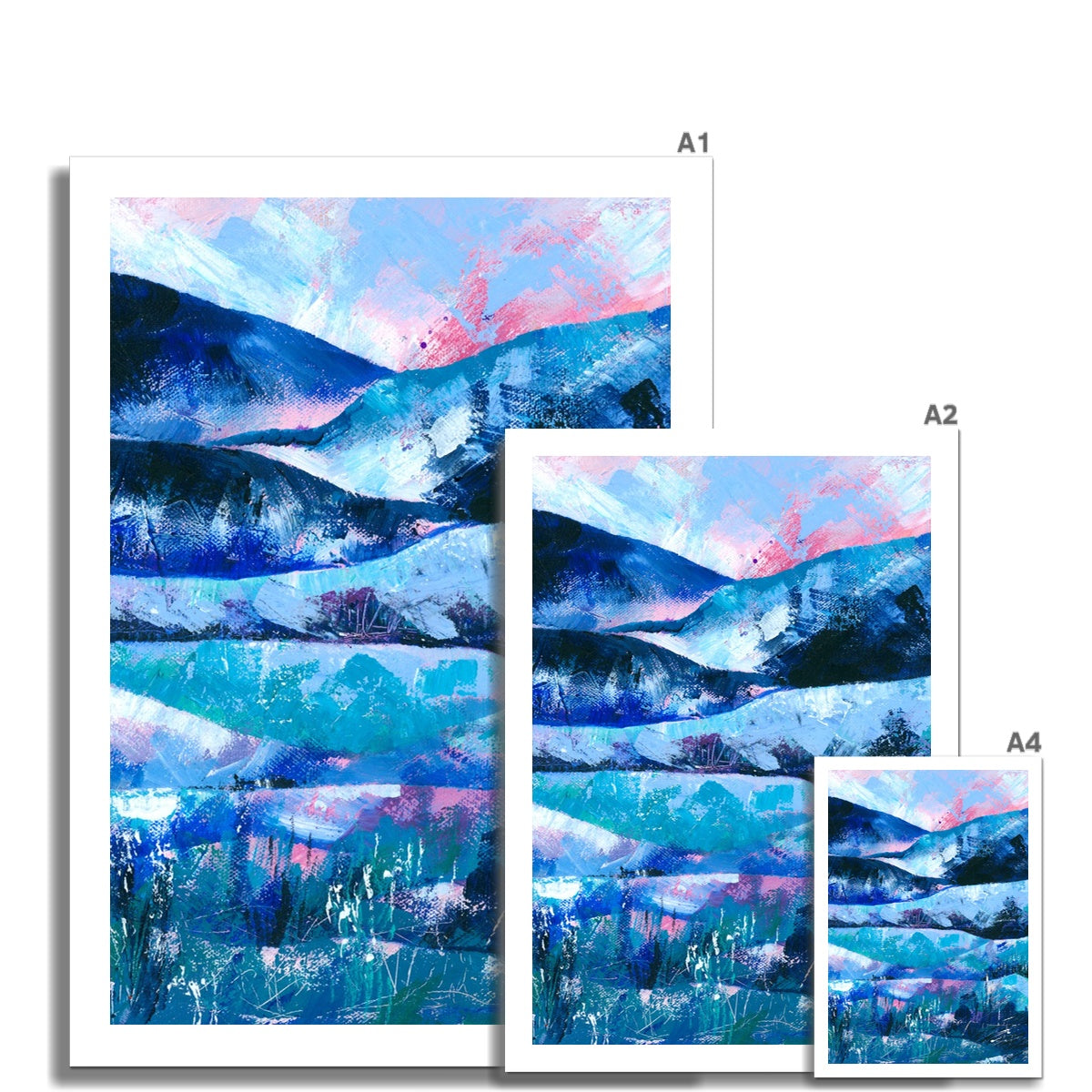 Tranquility fine rectangular art print shown in different sizes, to scale with one another.