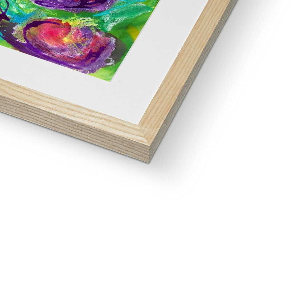 Rose Garden fine art floral print shown framed with a natural wooden frame.