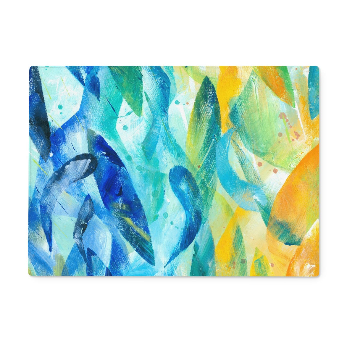 Rectangular glass bread board featuring a blue, turquoise, yellow and orange original art design.