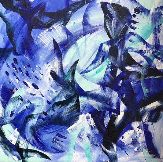 Abstract acrylic painting measuring 60x60cm by Melanie Howells. Features layered shapes in shades of blue, white and turquoise.