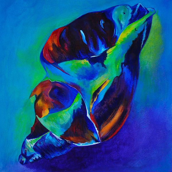 Can You Hear The Ocean -A colourful acrylic painting of a sea shell with a blue background