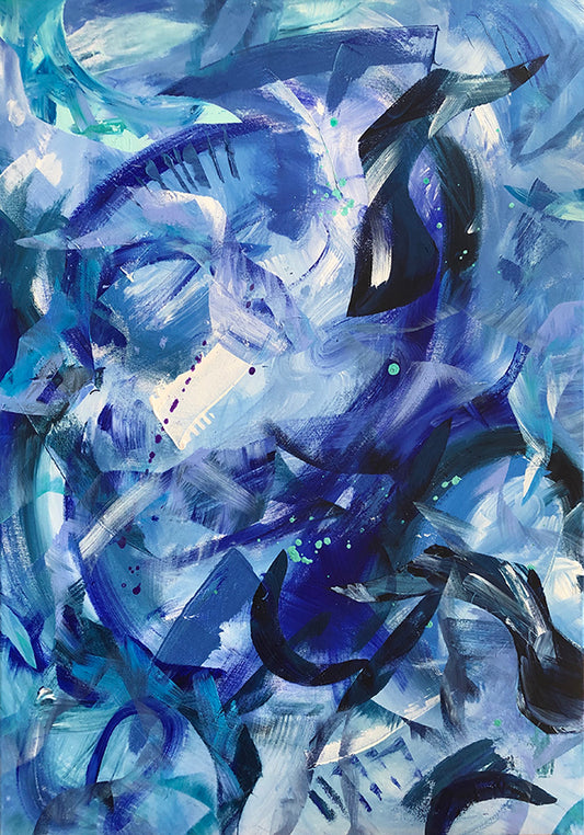 Abstract acrylic painting measuring 70x100cm by Melanie Howells. Features layered shapes and dribbles in shades of blue, white and aqua.