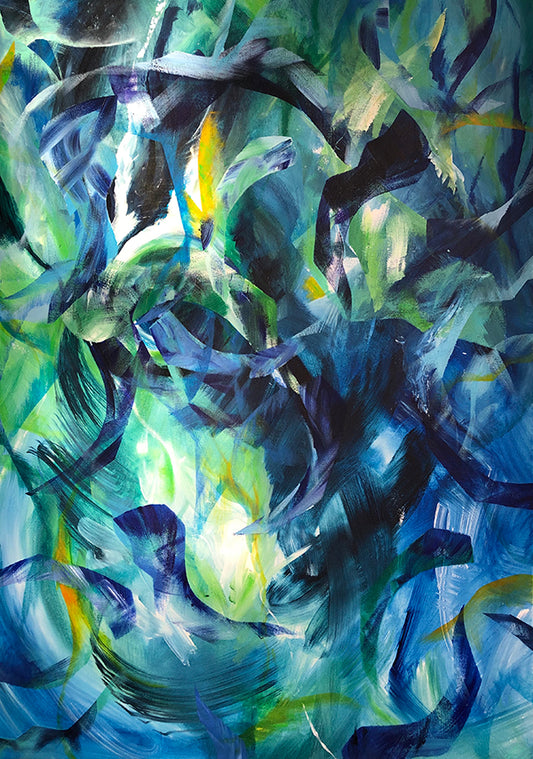 Abstract acrylic painting measuring 70x100cm by Melanie Howells. Features layered shapes in shades of blue, green, orange and white.