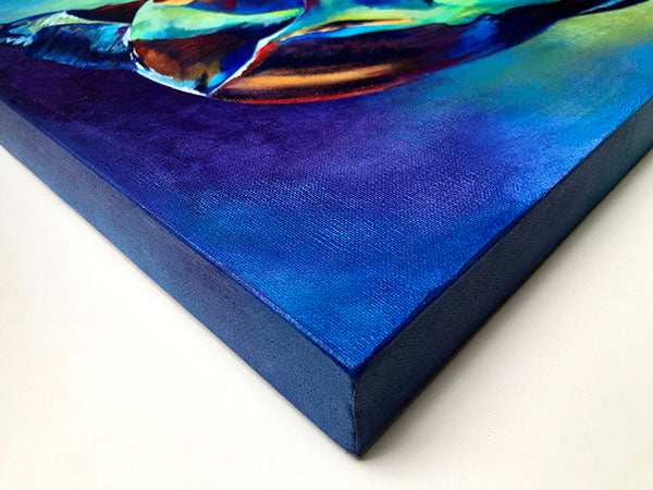 A close up detail of the canvas edge of the acrylic painting of a sea shell called Can You Hear the Ocean?