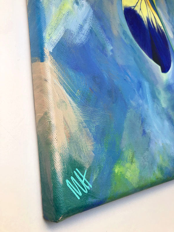 Close-up detail of artist's signature and canvas frame of Blue Iris original floral acrylic painting measuring 50x60cm