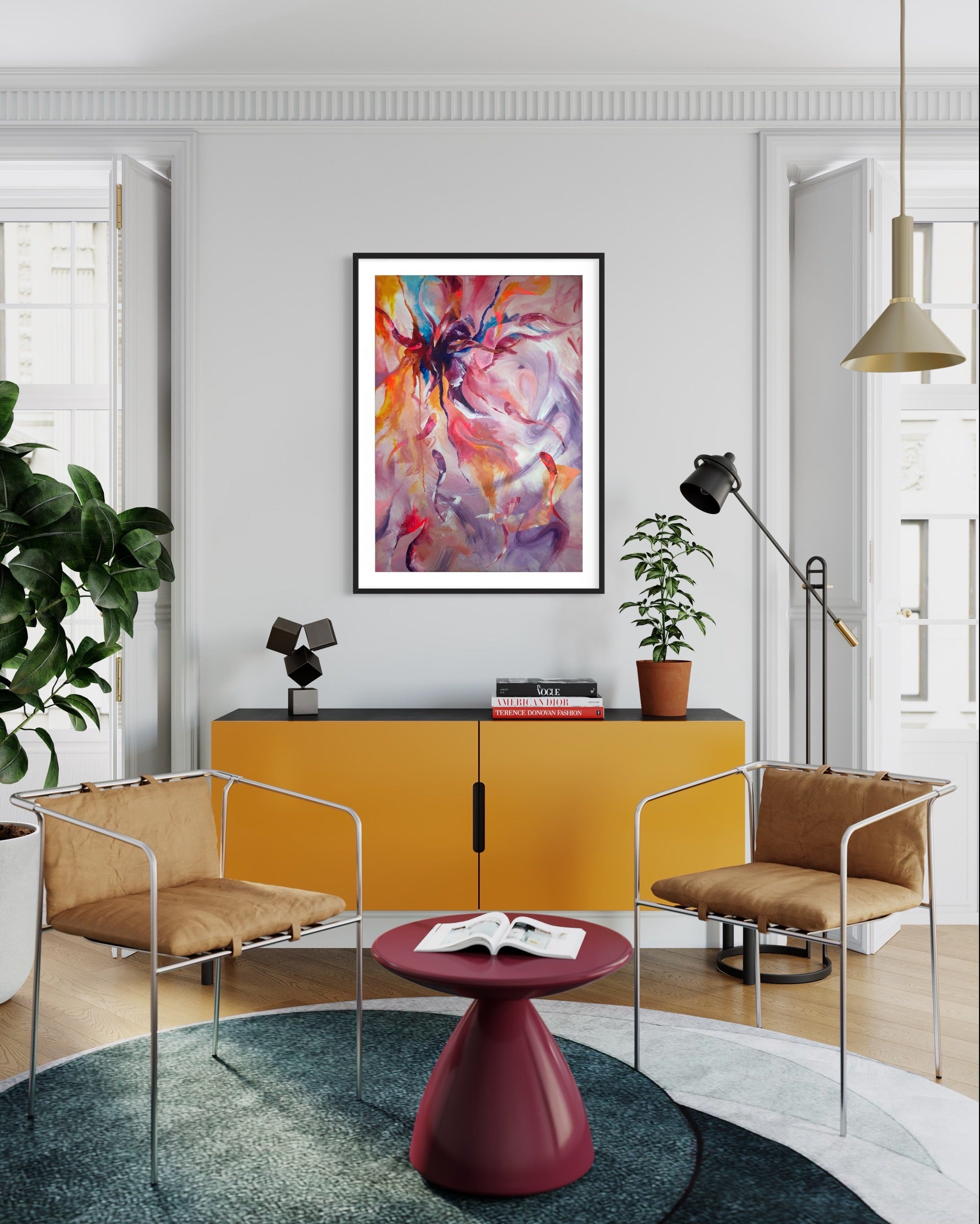 Sargasso colourful abstract art print displayed in a black frame on a wall in a contemporary interior decor.