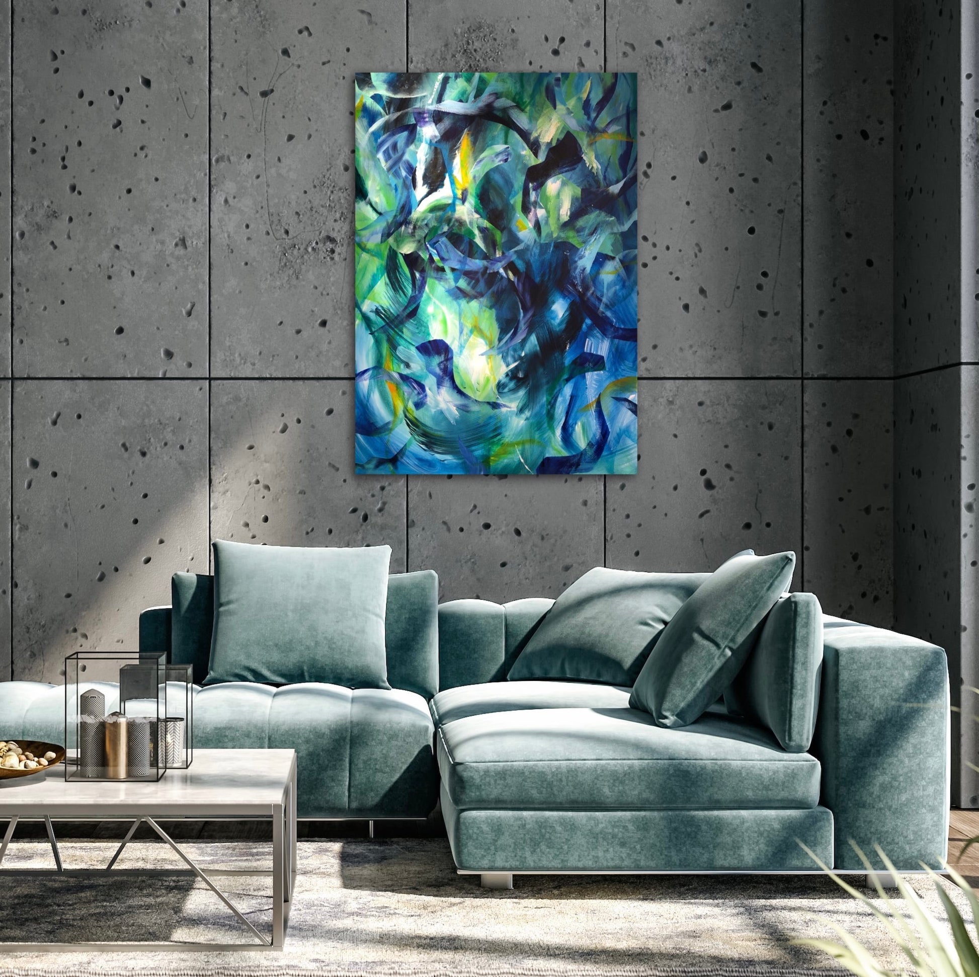 Equilibrium original acrylic painting measuring 70x100cm displayed on a wall above a sofa in a contemporary interior