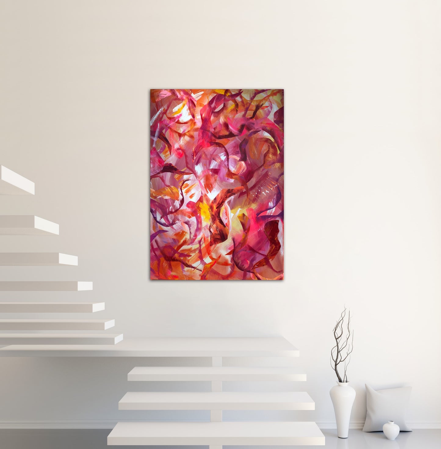 Passion original acrylic painting measuring 70x100cm displayed on a white wall above a white staircase