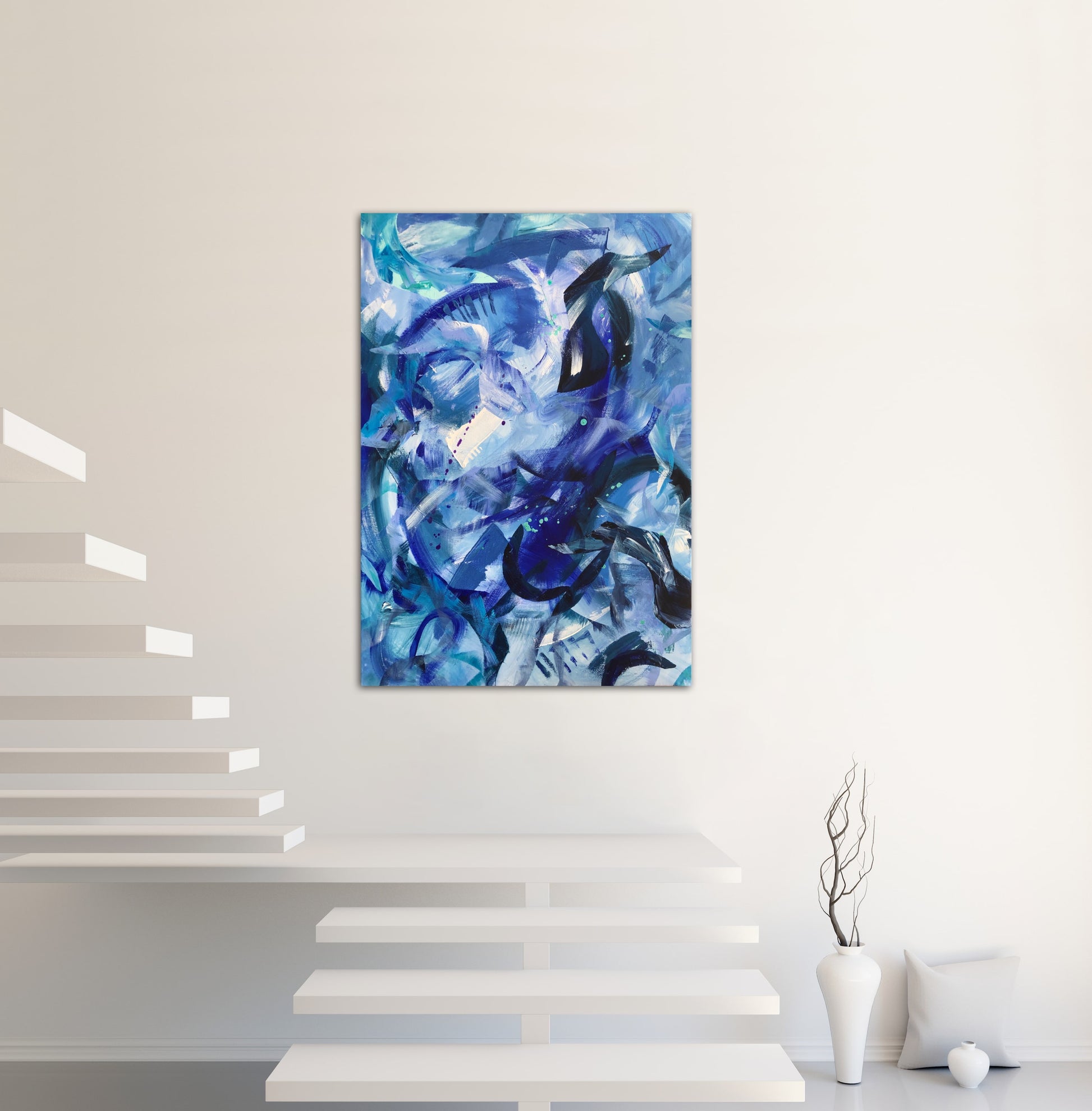 Breathe original acrylic painting measuring 70x100cm displayed on a white wall above a white staircase