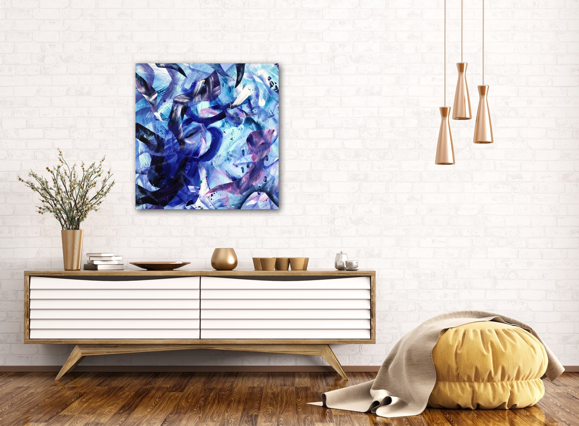 Momentum  original acrylic painting measuring 60x60cm displayed on a wall  in a lounge