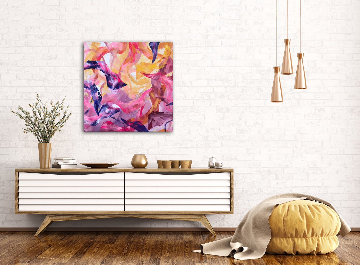 Jubilation original acrylic painting measuring 60x60cm displayed on a wall in a lounge