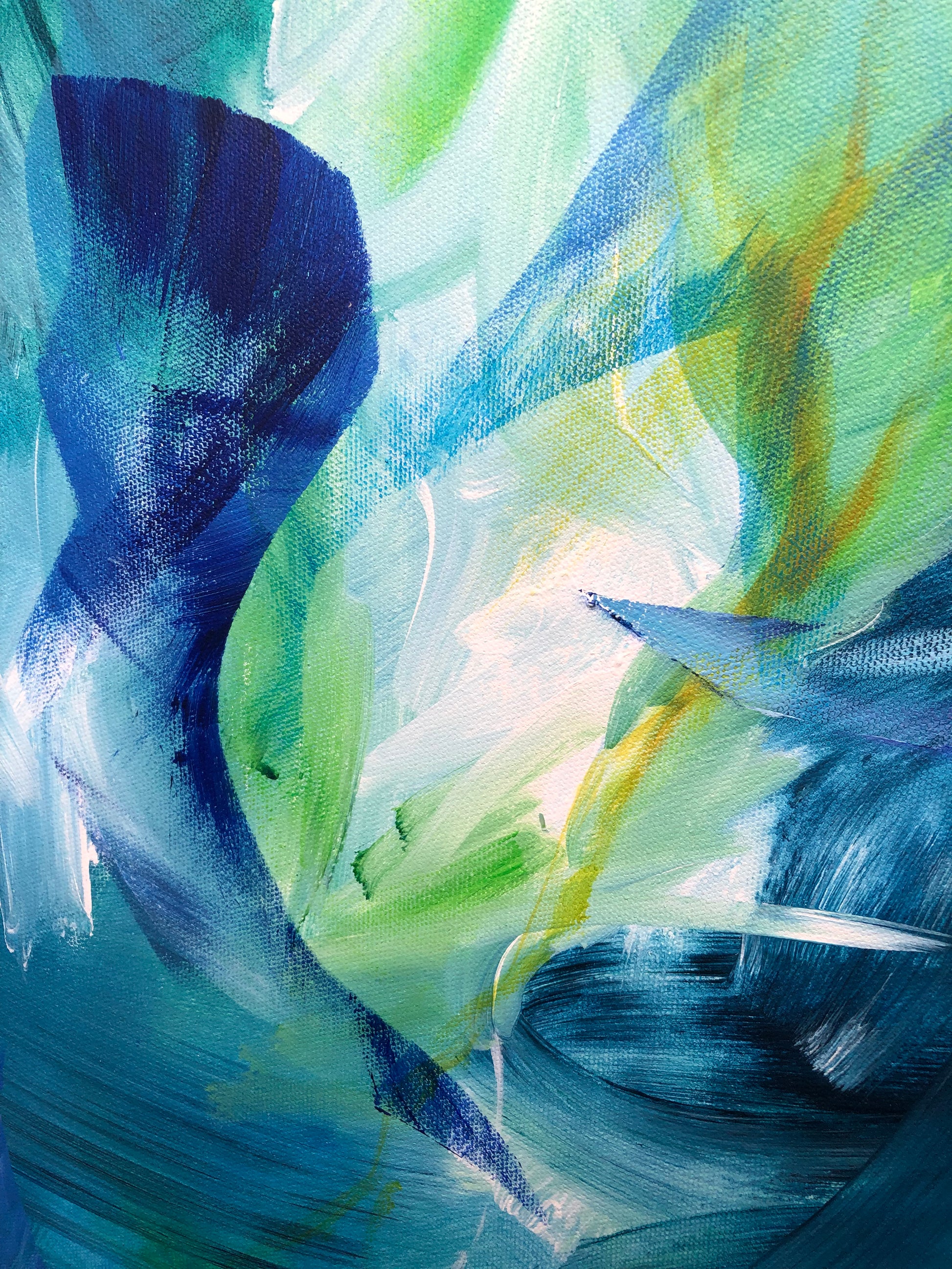 Close-up of painting details from an original acrylic painting in shades of blue and green