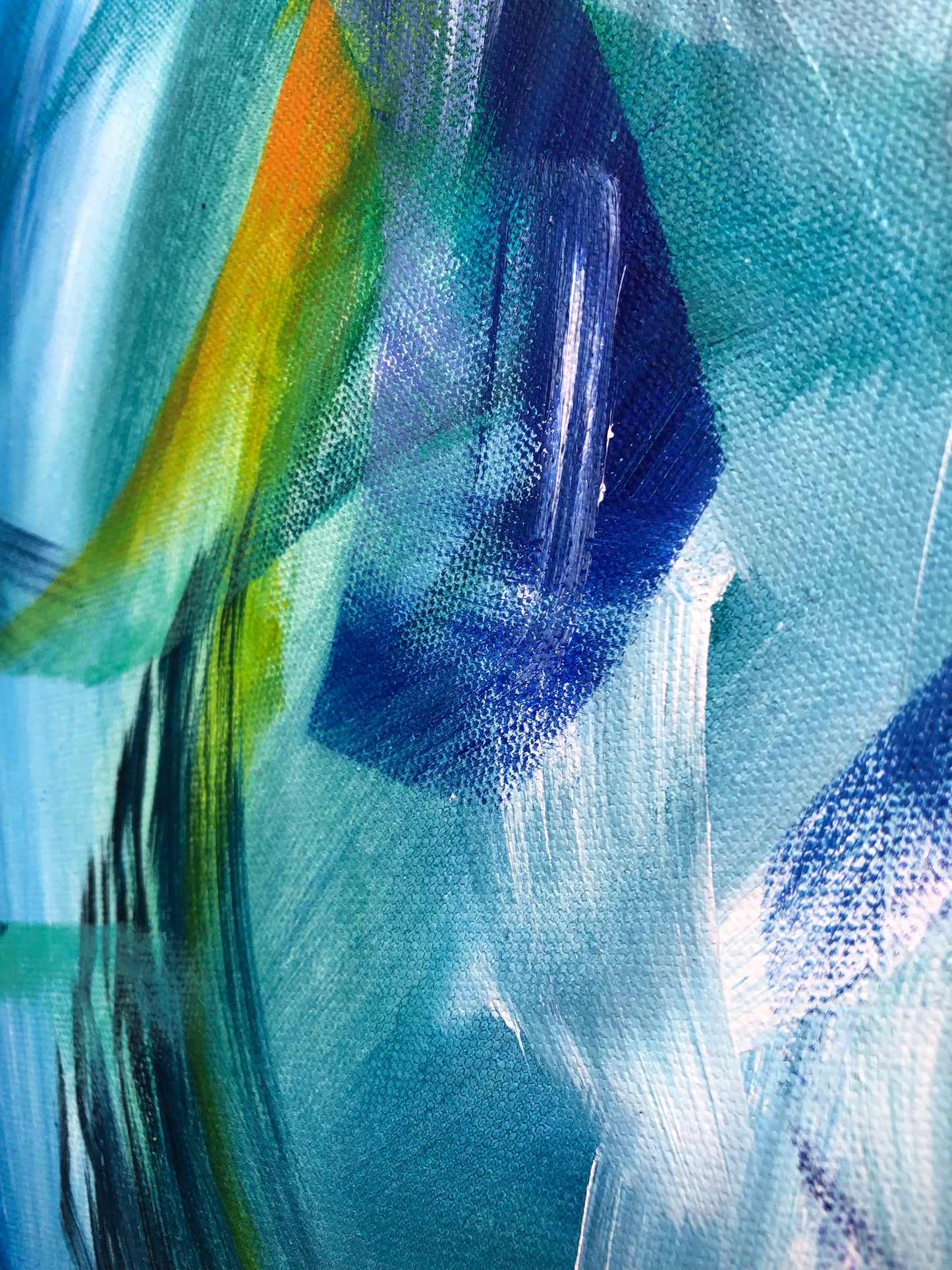 Close-up of painting details from an original acrylic painting in shades of blue, green and orange