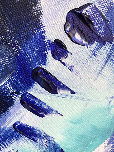 Close-up of painting details from an original acrylic painting in shades of blue