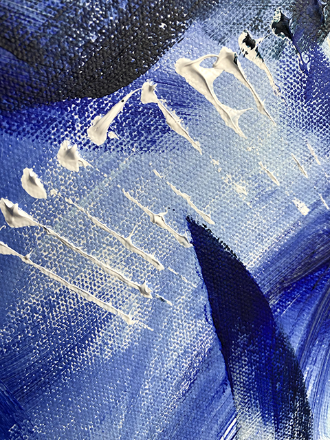 Close-up of painting details from an original acrylic painting in shades of blue