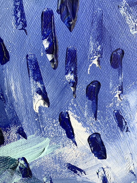 Close-up of brush stroke and pallet knife details from an original acrylic painting in shades of blue