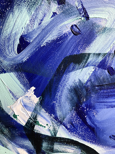 Close-up of painting details from an original acrylic painting in shades of blue